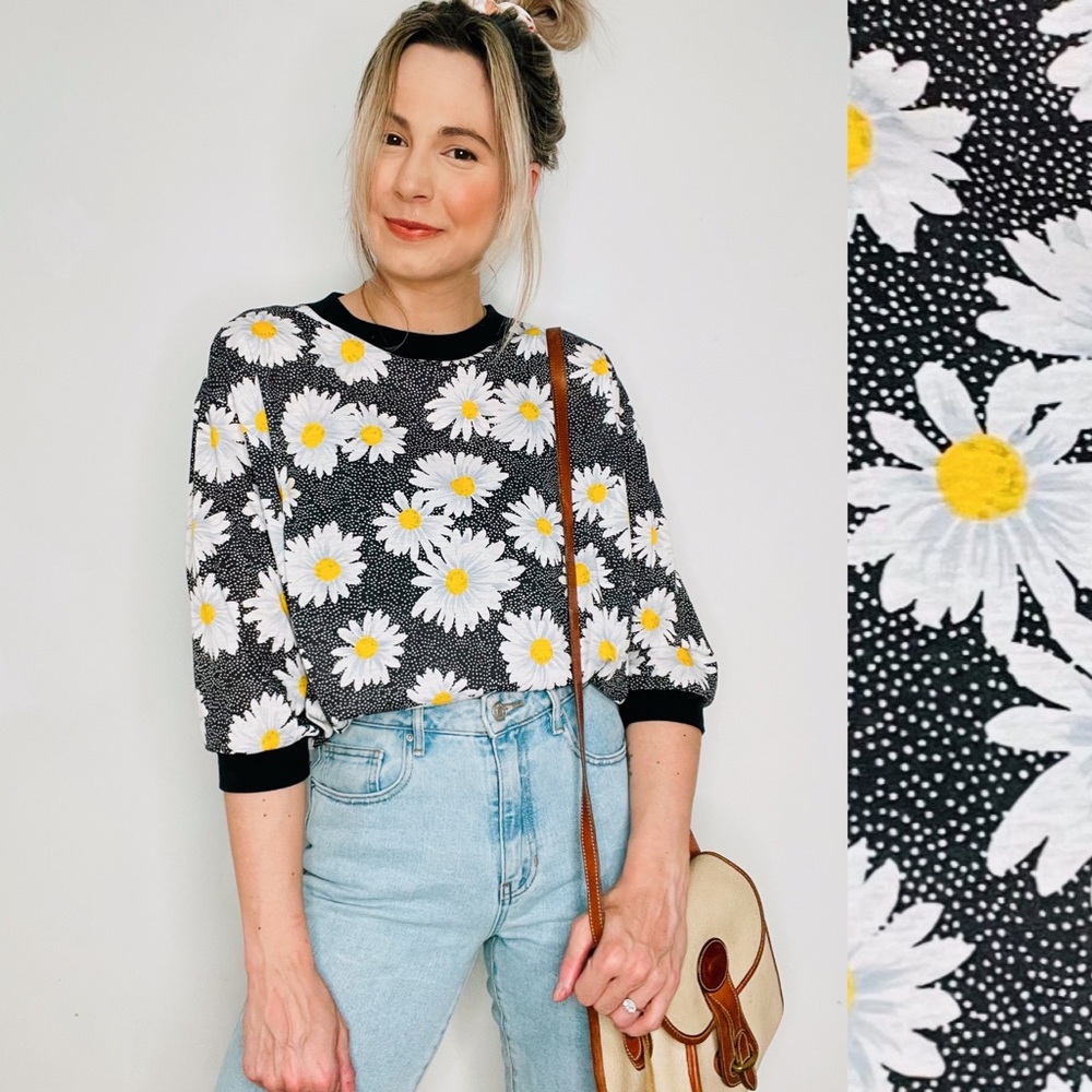 VINTAGE | Floral Retro Print Sporty Daisy Crewneck Long Sleeve Shirt top